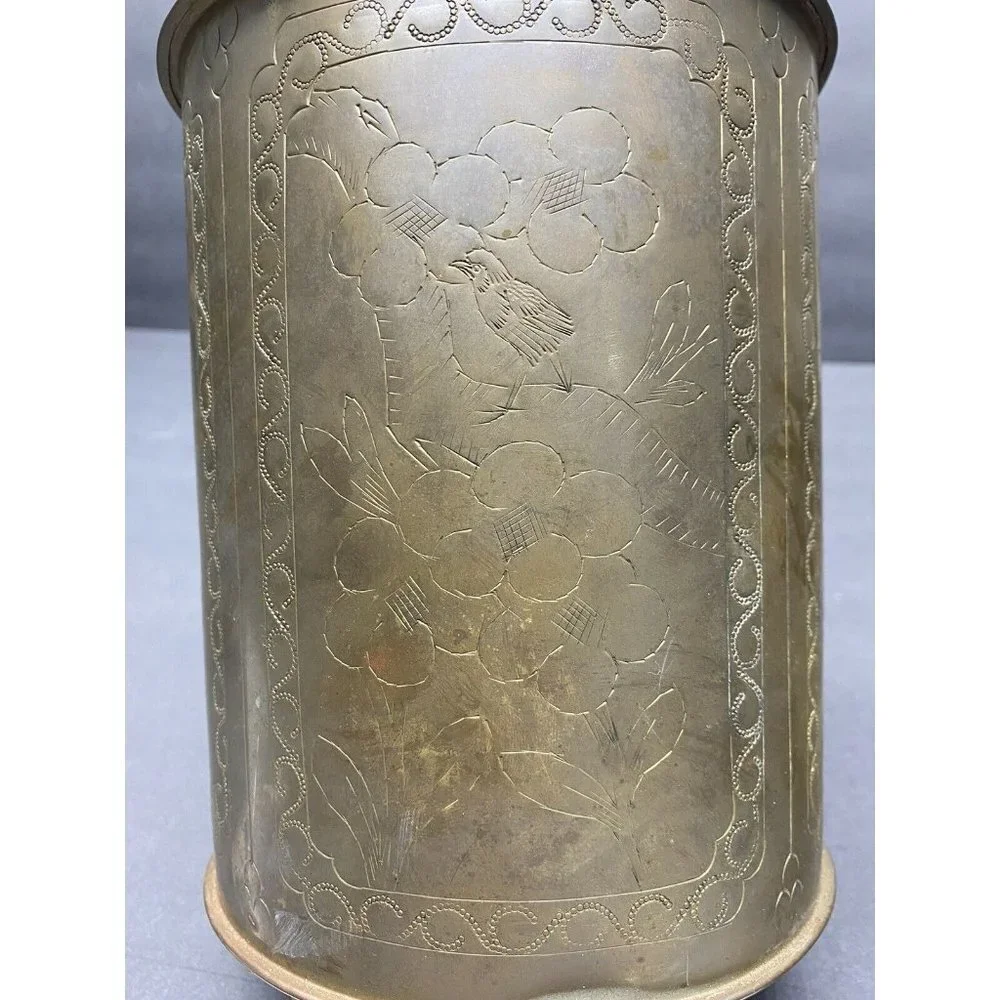 VTG 50s Brass‎ Tea Canister Jar Container Floral Etched Gold 12.5